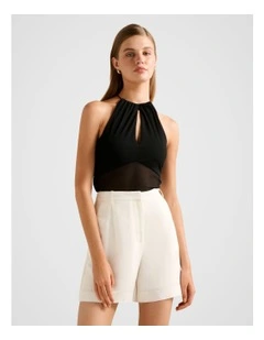 Isla Keyhole Halter Neck Mesh Top in Black