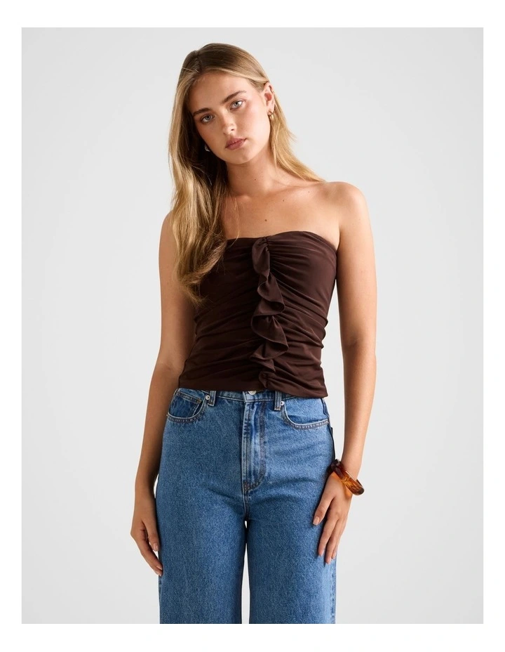 Emira Ruffle Bandeau Top in Chocolate image 1