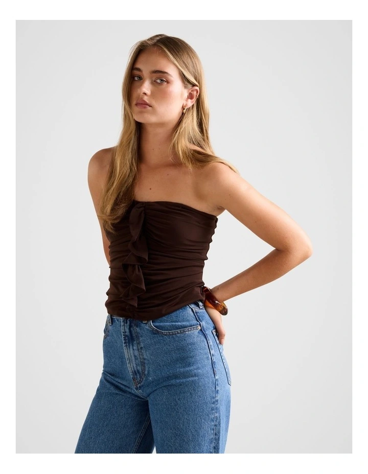 Emira Ruffle Bandeau Top in Chocolate image 3