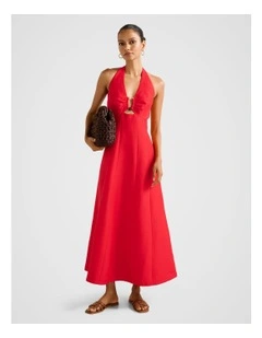 Angie Hardware Linen Midi Dress in Red