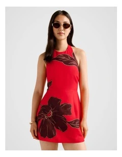 Corinna Printed Linen Halter Neck Mini Dress in Red