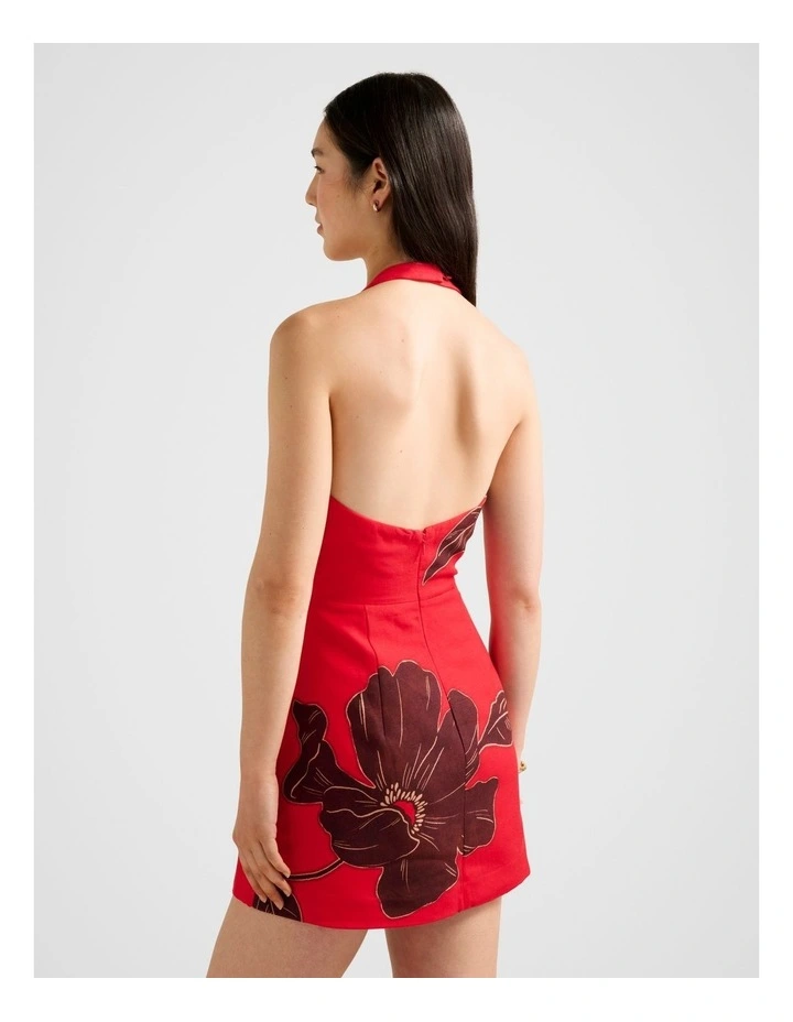 Corinna Printed Linen Halter Neck Mini Dress in Red image 2