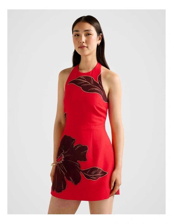 Corinna Printed Linen Halter Neck Mini Dress in Red image 3