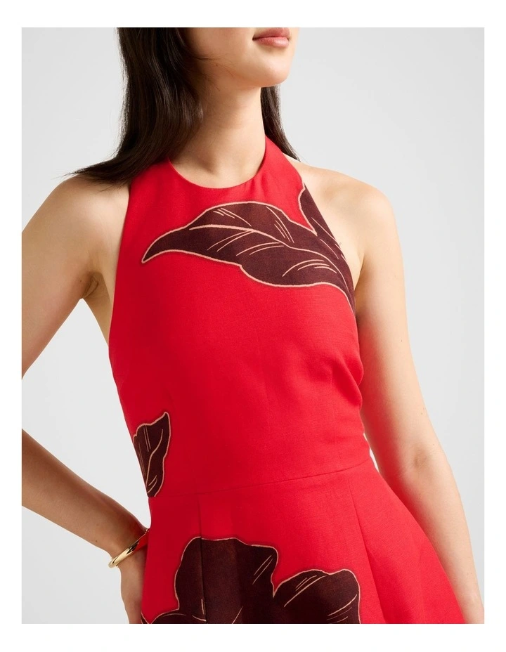 Corinna Printed Linen Halter Neck Mini Dress in Red image 4