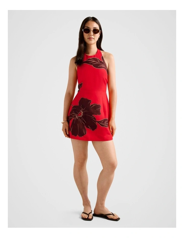 Corinna Printed Linen Halter Neck Mini Dress in Red image 5
