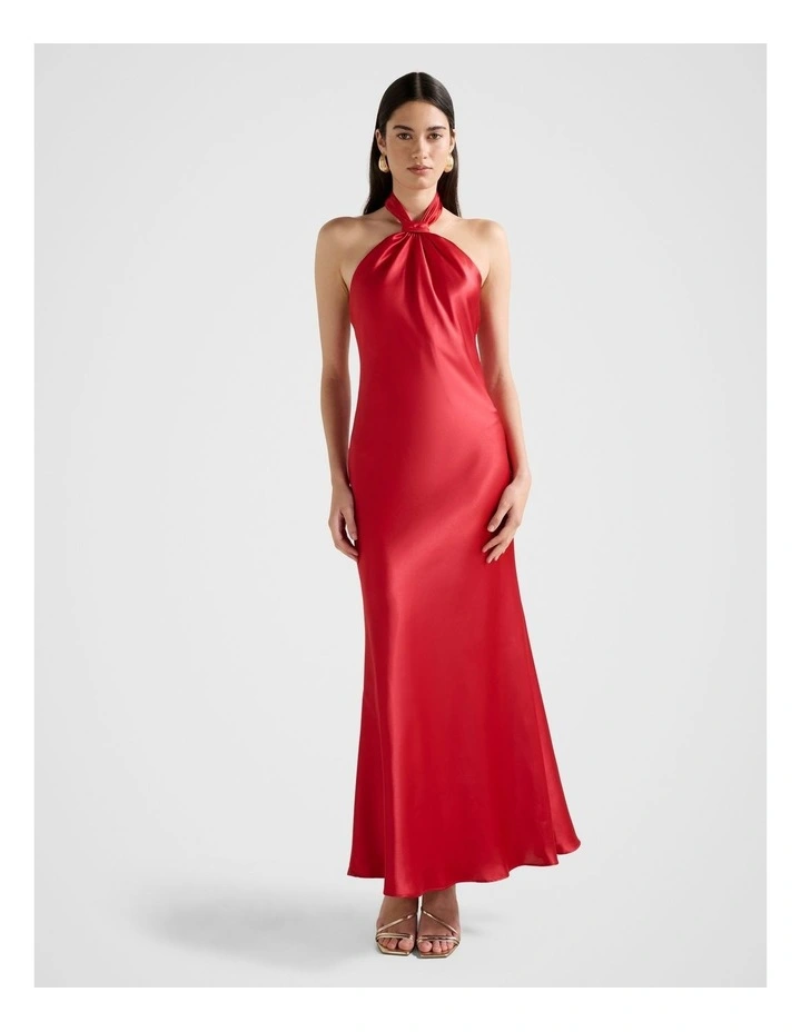 Yvette Halter Neck Satin Maxi Dress in Red image 1
