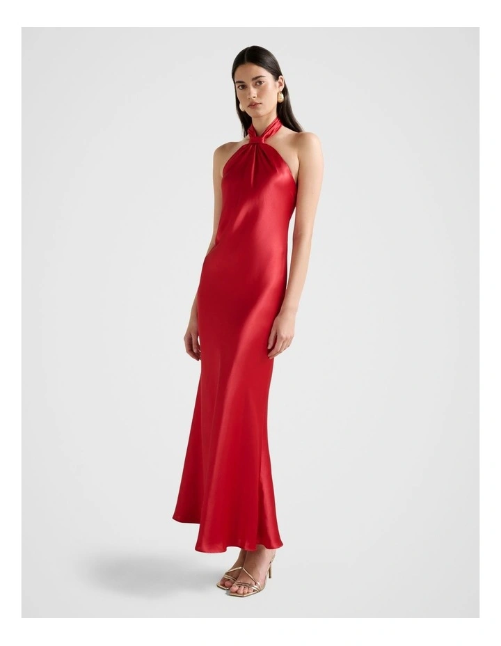Yvette Halter Neck Satin Maxi Dress in Red image 3