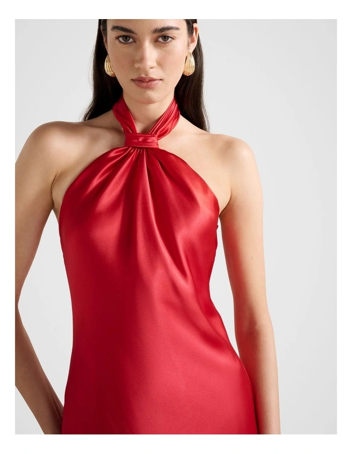 Yvette Halter Neck Satin Maxi Dress in Red image 4