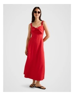 Kara Tie Front Linen Midi Dress in Red