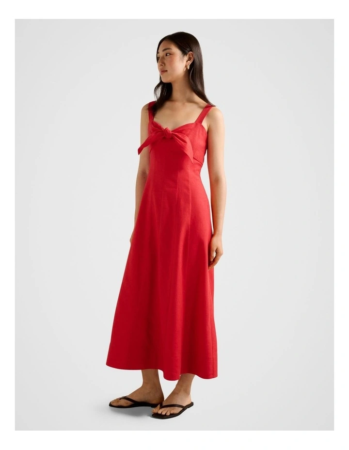 Kara Tie Front Linen Midi Dress in Red image 3