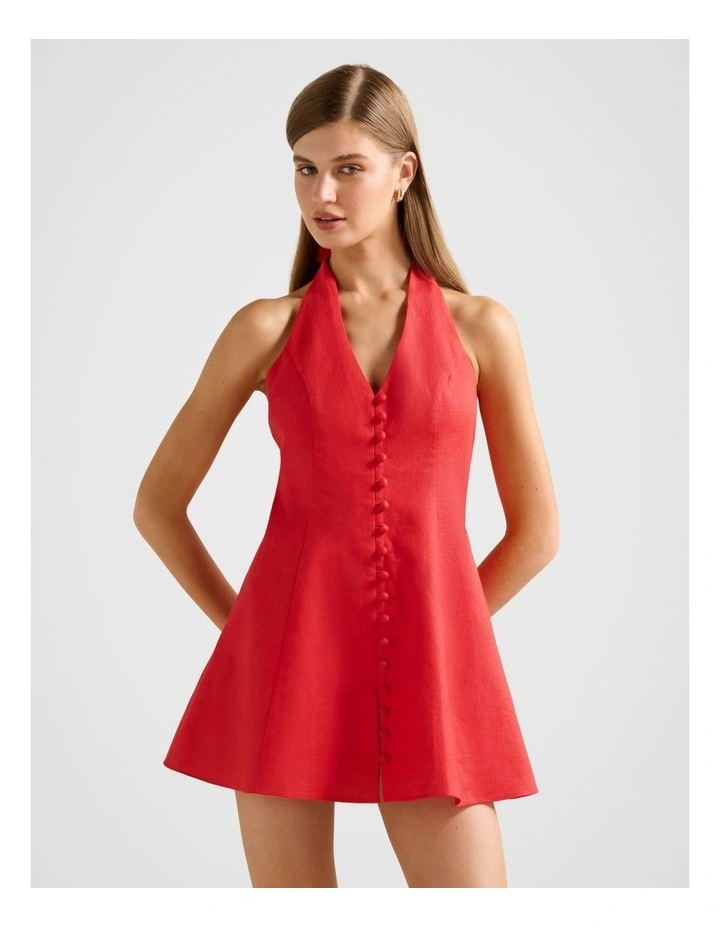 Ina Button Front Halter Neck Linen Mini Dress in Red image 1
