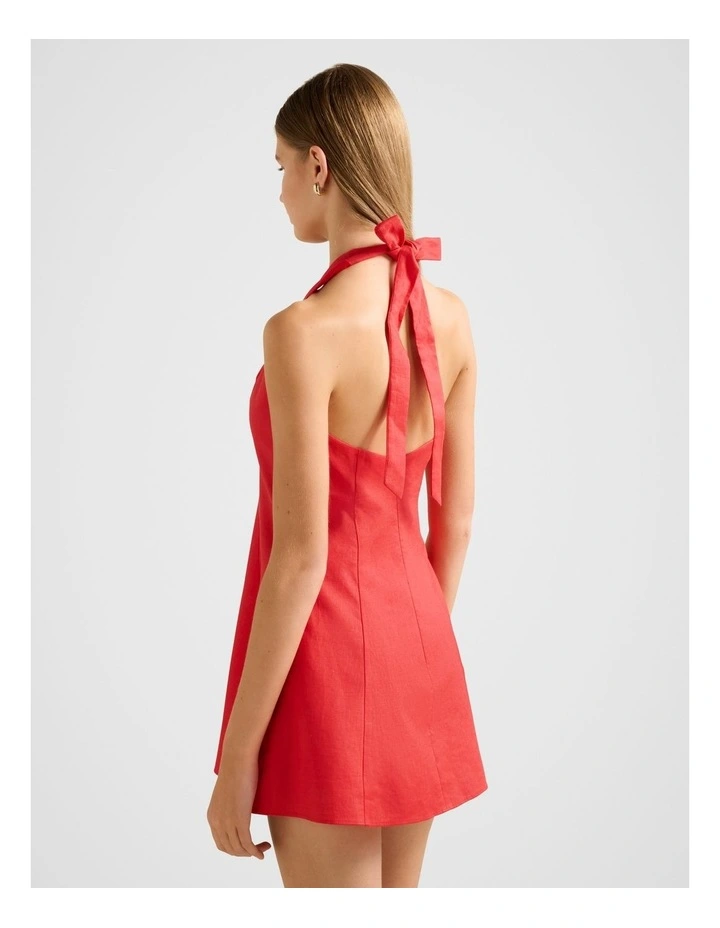 Ina Button Front Halter Neck Linen Mini Dress in Red image 2