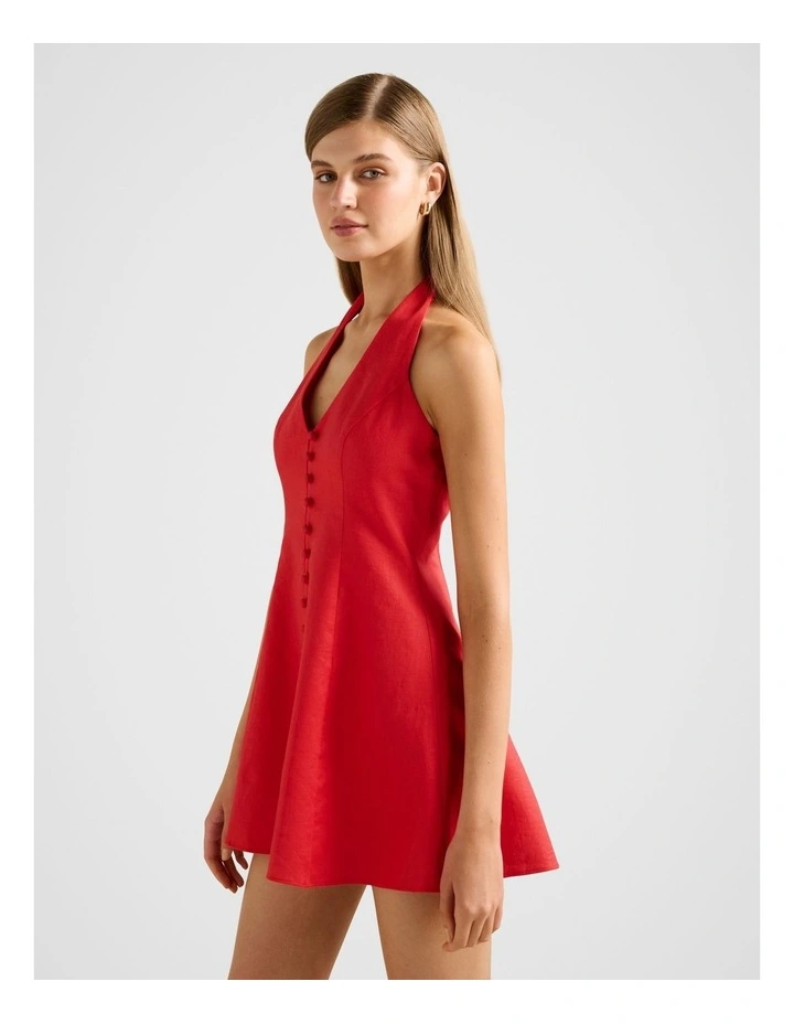 Ina Button Front Halter Neck Linen Mini Dress in Red image 3