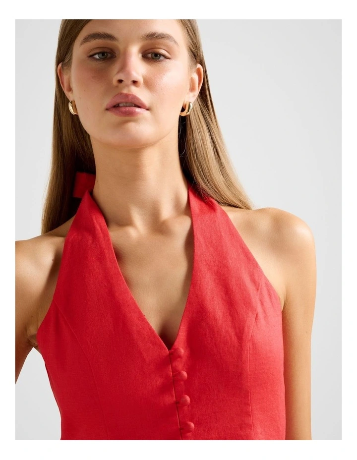 Ina Button Front Halter Neck Linen Mini Dress in Red image 4