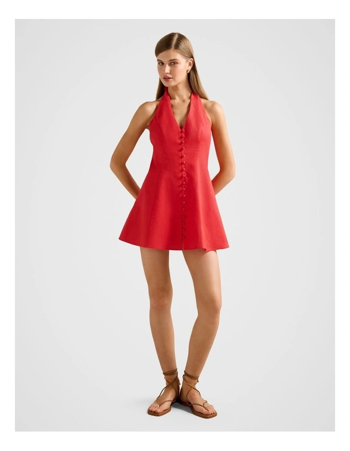 Ina Button Front Halter Neck Linen Mini Dress in Red image 5