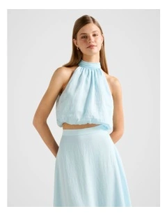 Maisie Halter Neck Tie Up Top in Blue