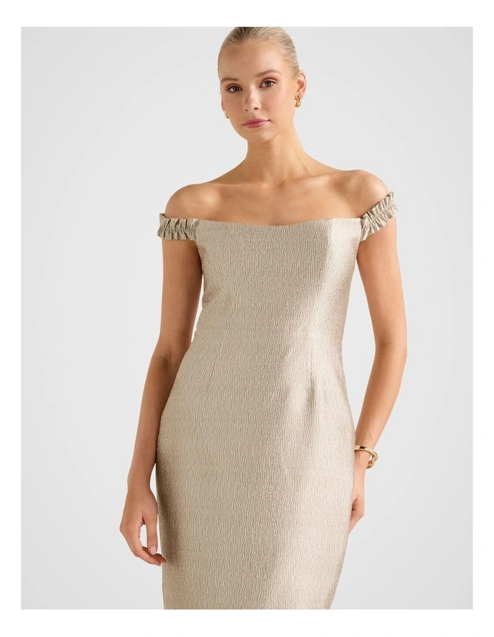 Mindy Bardot Ruffle Midi Dress in Gold image 4