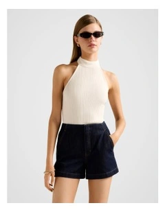 Maeve Rib Halter Neck Top in Cream