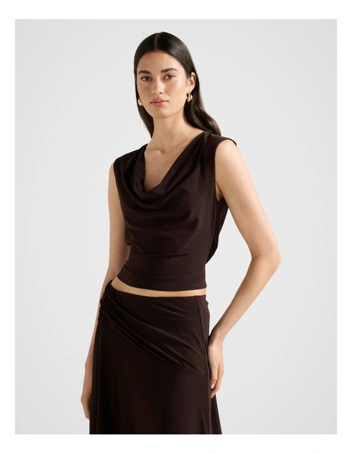 Ada Drape Cowl Neck Back Top in Chocolate image 3
