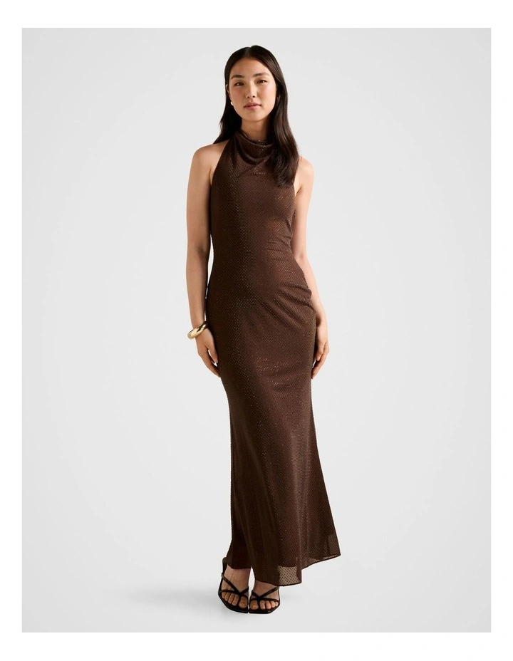 Ariana Halter Neck Heatseal Maxi Dress in Brown image 1