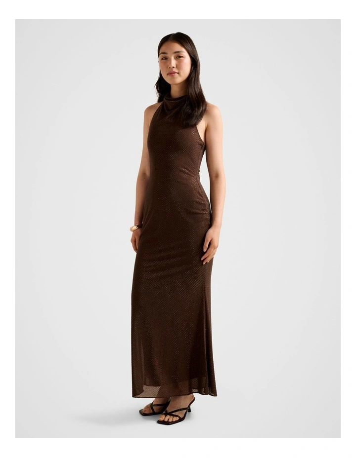 Ariana Halter Neck Heatseal Maxi Dress in Brown image 3