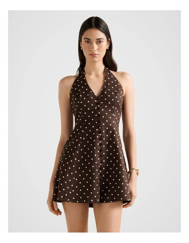 Ina Button Front Halter Neck Mini Dress in Brown image 1