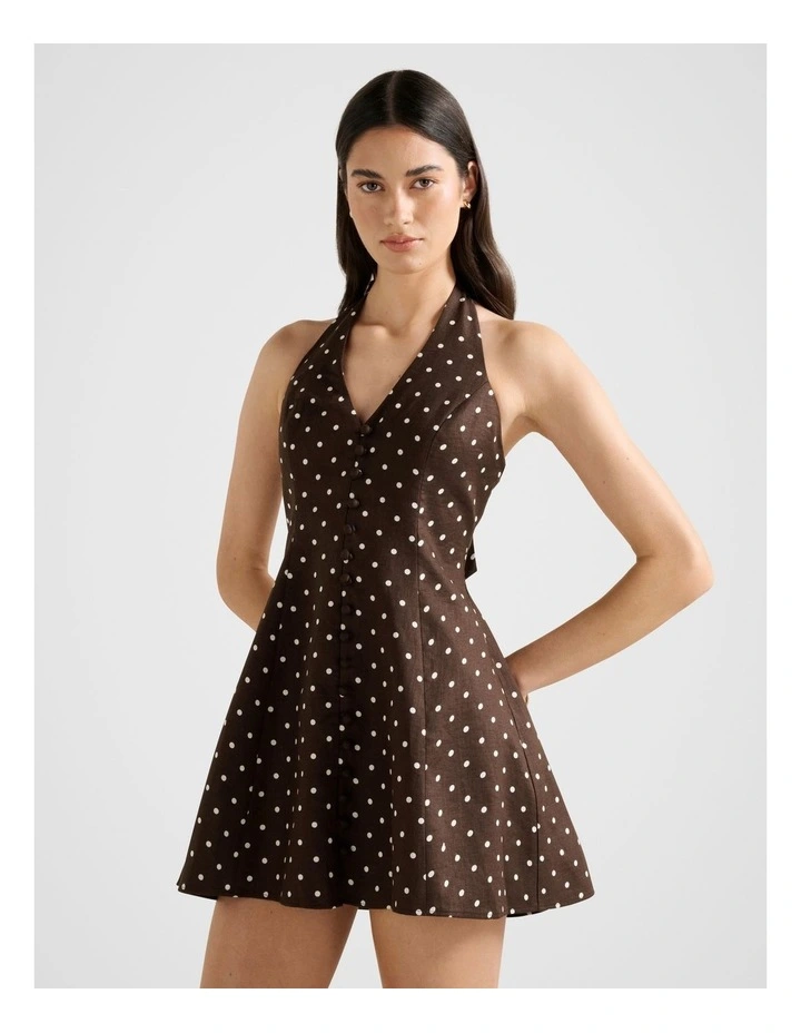 Ina Button Front Halter Neck Mini Dress in Brown image 3