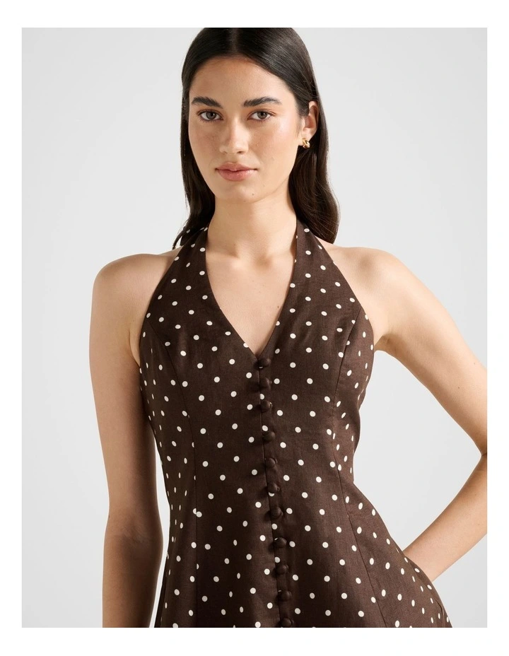 Ina Button Front Halter Neck Mini Dress in Brown image 4