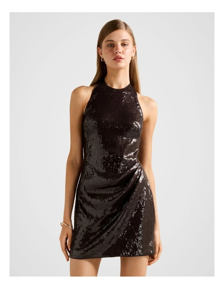 Tate Sequin Halter Neck Mini Dress in Brown image 1