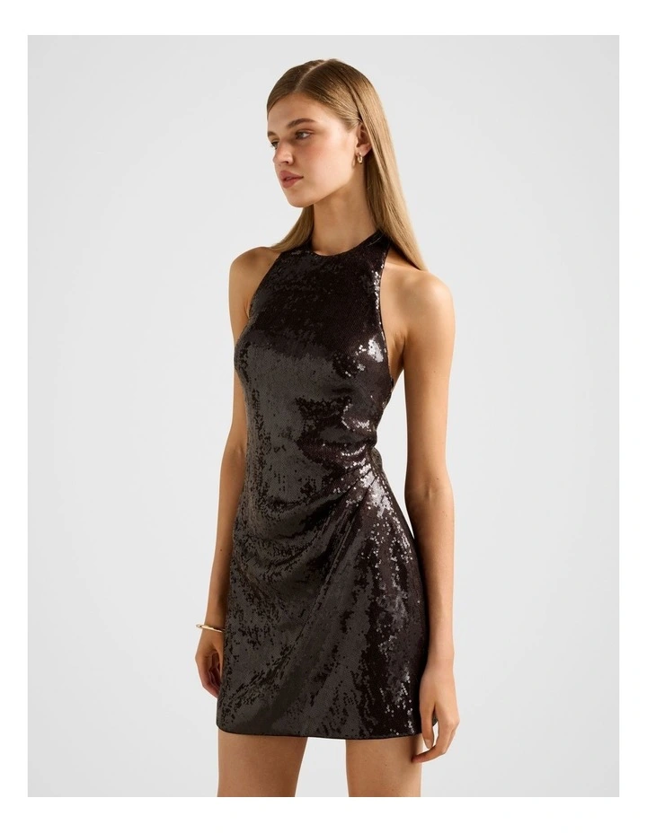Tate Sequin Halter Neck Mini Dress in Brown image 3
