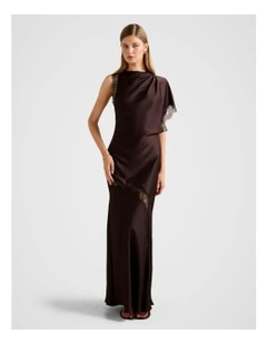 Kody Satin Lace Asymmetrical Dress in Chocolate