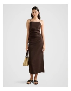 Stella Stretch Linen Backless Midi Dress in Brown
