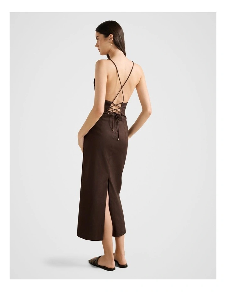 Stella Stretch Linen Backless Midi Dress in Brown image 2