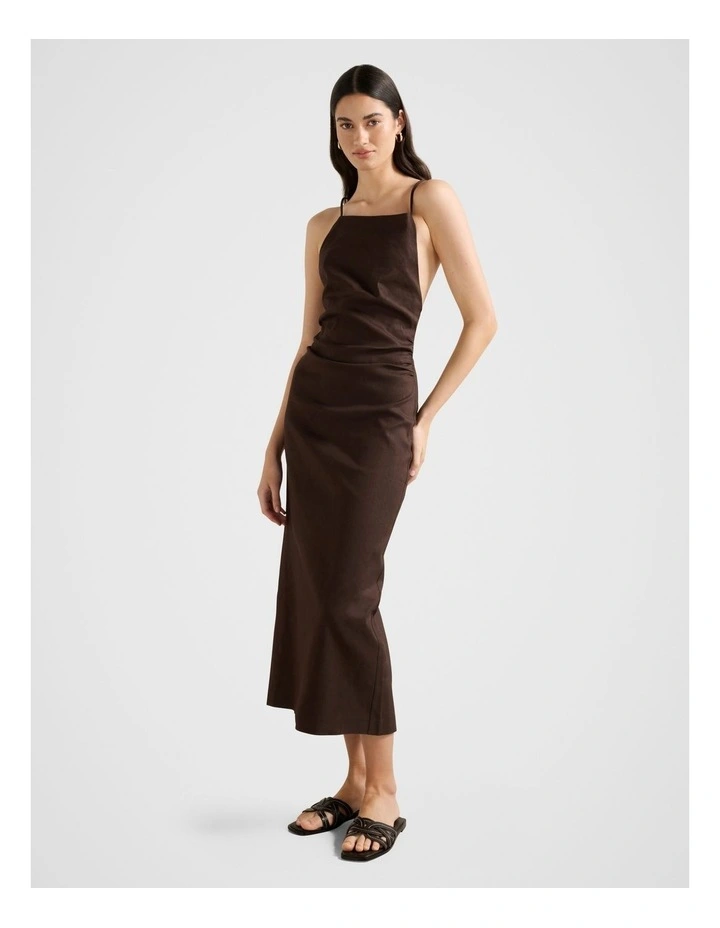Stella Stretch Linen Backless Midi Dress in Brown image 3