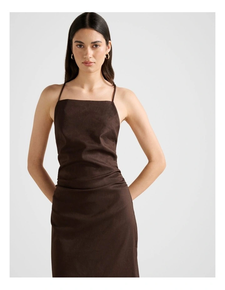 Stella Stretch Linen Backless Midi Dress in Brown image 4