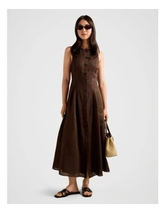 Pia Button Front Linen Midi Dress in Chocolate