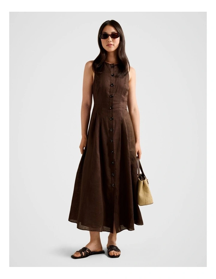 Pia Button Front Linen Midi Dress in Chocolate image 1