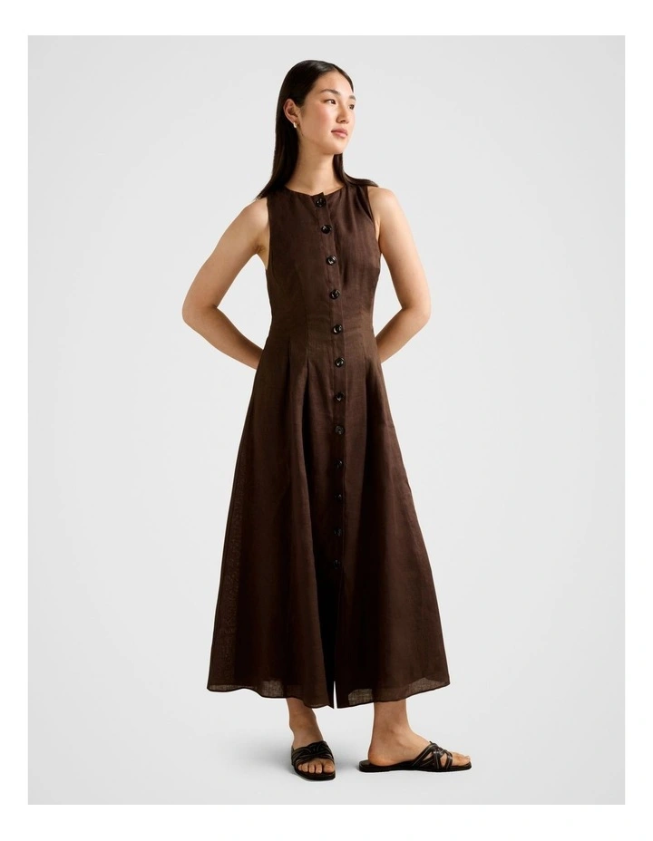Pia Button Front Linen Midi Dress in Chocolate image 3