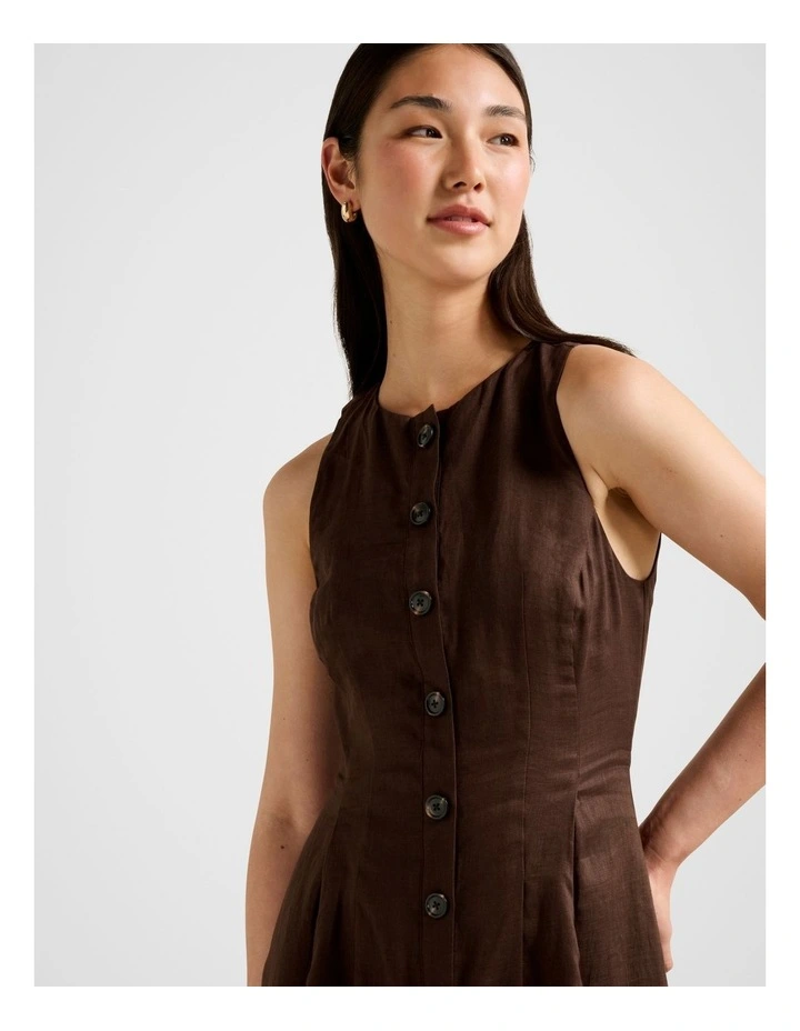Pia Button Front Linen Midi Dress in Chocolate image 4