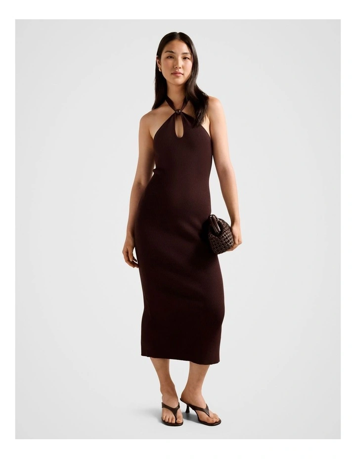 Tara Beaded Halter Neck Knitted Dress in Chocolate image 1