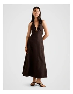 Angie Hardware Halter Neck Linen Midi Dress in Brown