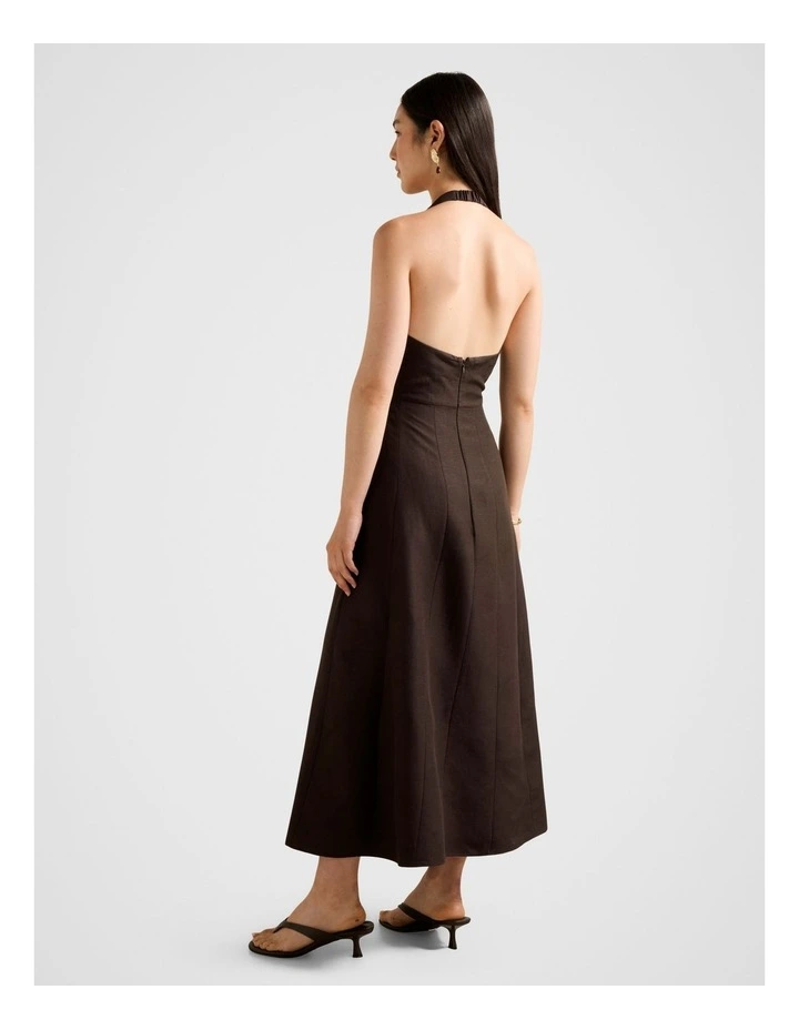 Angie Hardware Halter Neck Linen Midi Dress in Brown image 2
