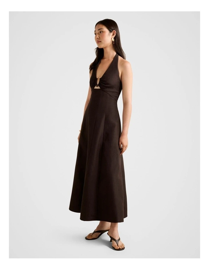Angie Hardware Halter Neck Linen Midi Dress in Brown image 3
