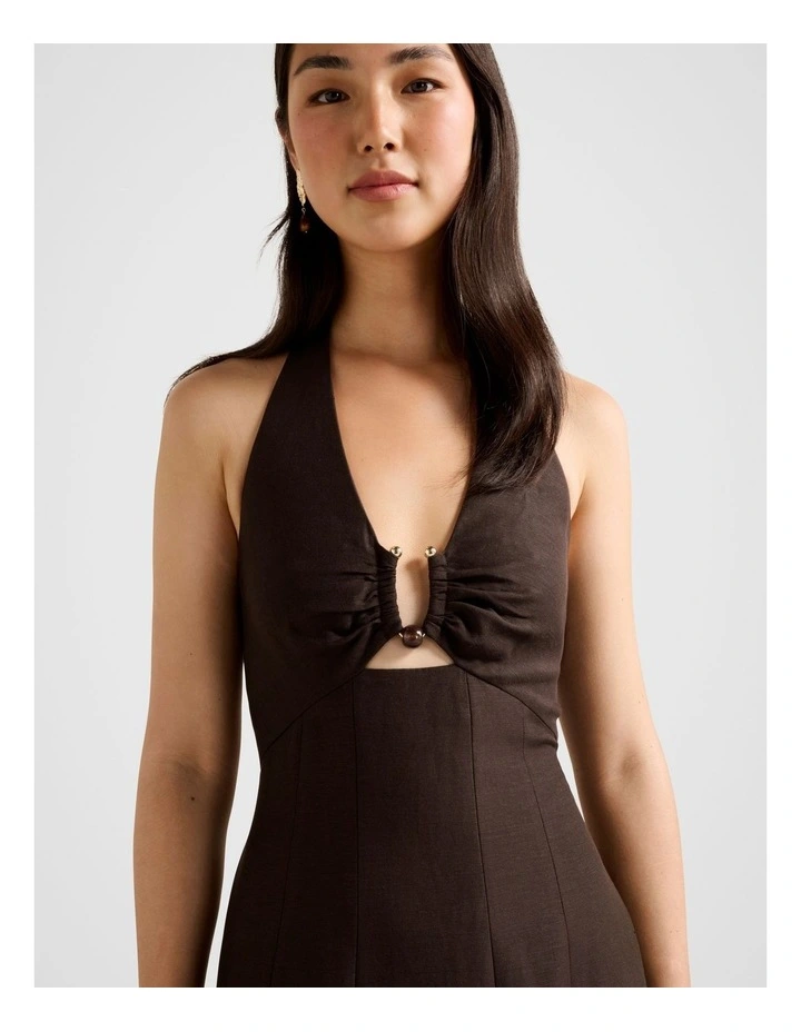 Angie Hardware Halter Neck Linen Midi Dress in Brown image 4