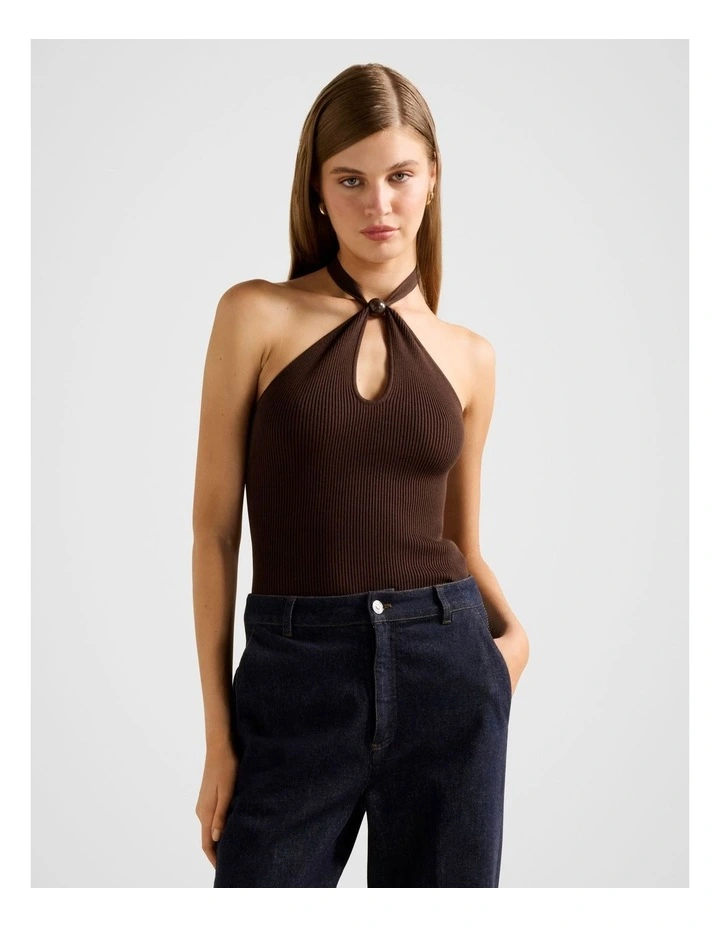 Tara Beaded Halter Neck Top in Chocolate image 1