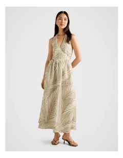 Lilian Wrap Linen Halter Neck Midi Dress in Multi