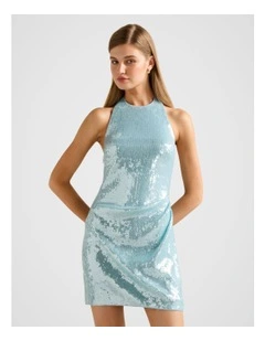 Tate Sequin Halter Neck Mini Dress in Blue