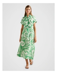 Hilary Belted Linen Midi Dress in Green