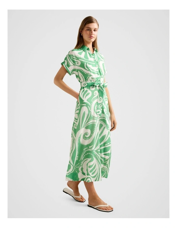 Hilary Belted Linen Midi Dress in Green image 3