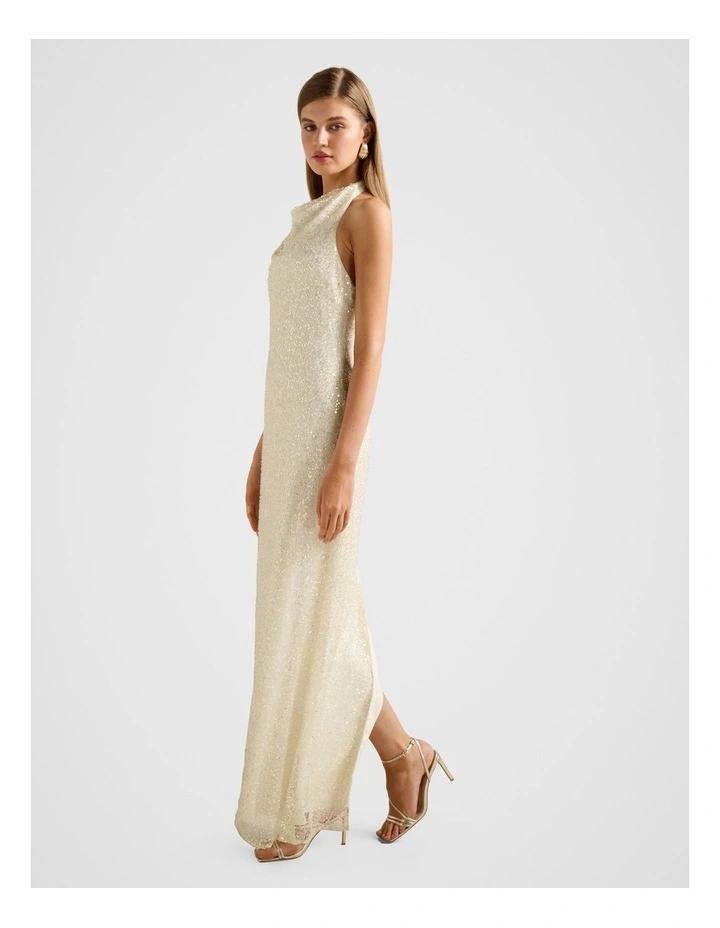 Miranda Sequin Halter Neck Maxi Dress in Beige image 3